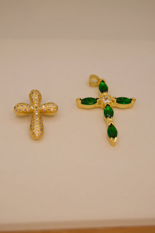 18k gold x green emerald cross pendant