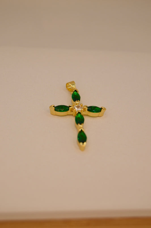 18k gold x green emerald cross pendant