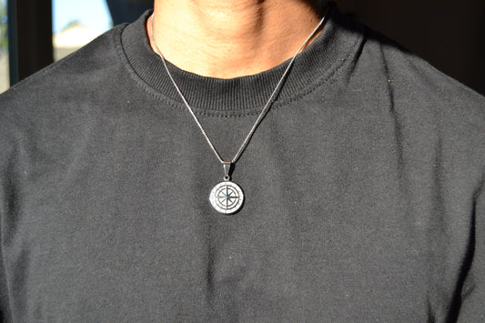 Silver Compass Coin Pendant
