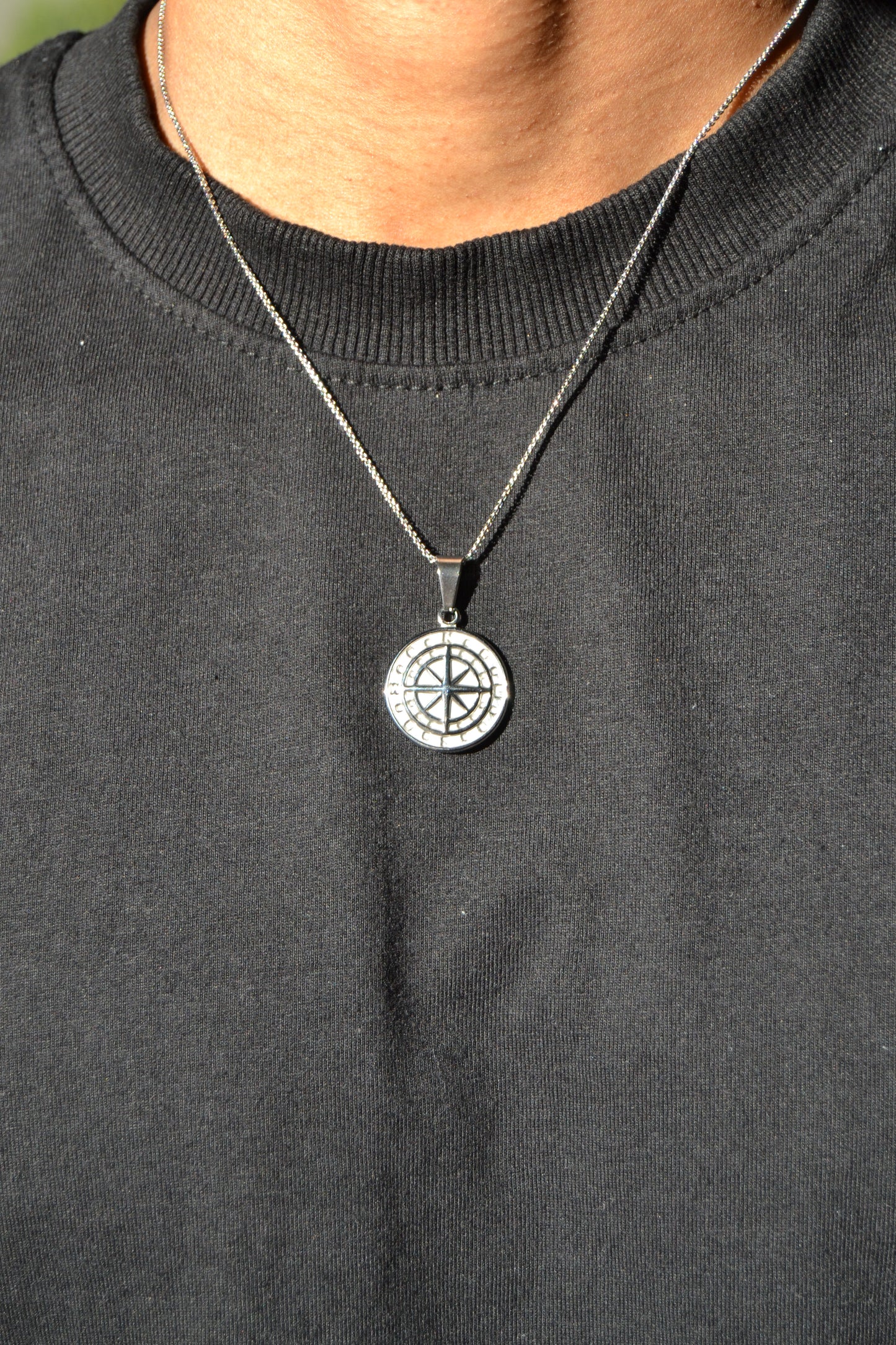 Silver Compass Coin Pendant